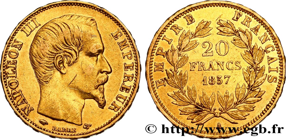 20 francs or Napoléon III, tête nue 1857 Paris F.531/12 BB48 