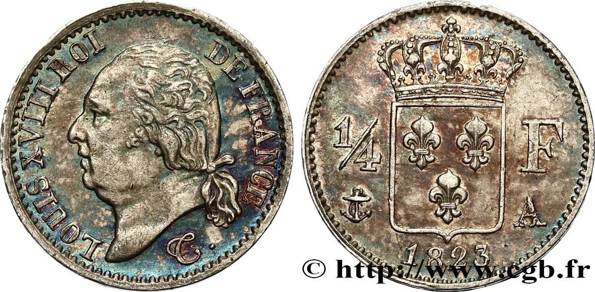 1/4 franc Louis XVIII 1823 Paris F.163/24 AU50 