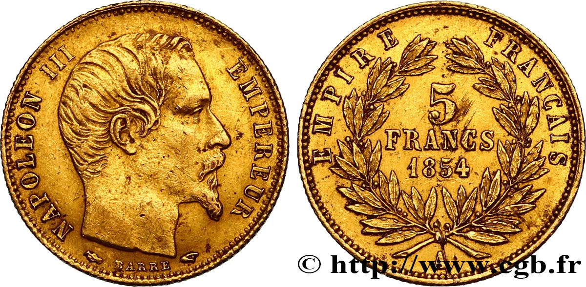 5 francs or Napoléon III, tête nue, petit module, tranche cannelée 1854 Paris F.500A/1 BB 