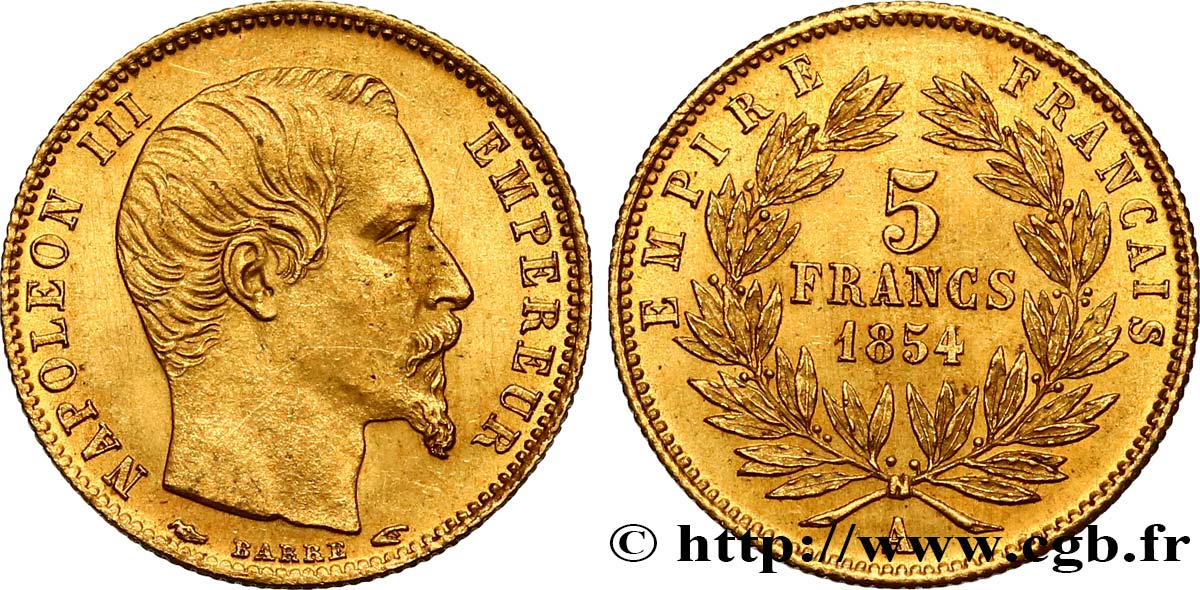 5 francs or Napoléon III, tête nue, petit module, tranche cannelée 1854 Paris F.500A/1 SUP62 