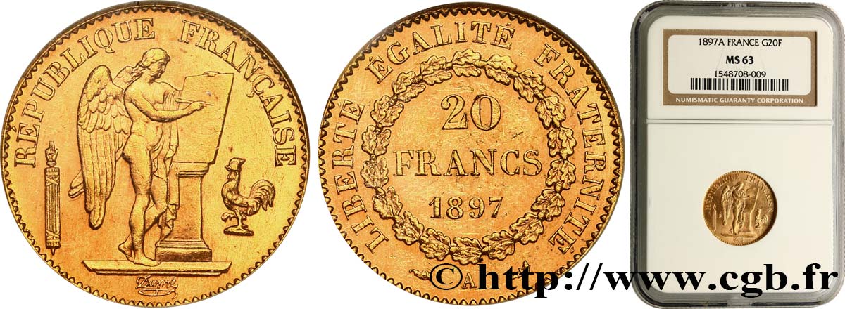 20 francs or Génie, Troisième République 1897 Paris F.533/22 fST63 NGC