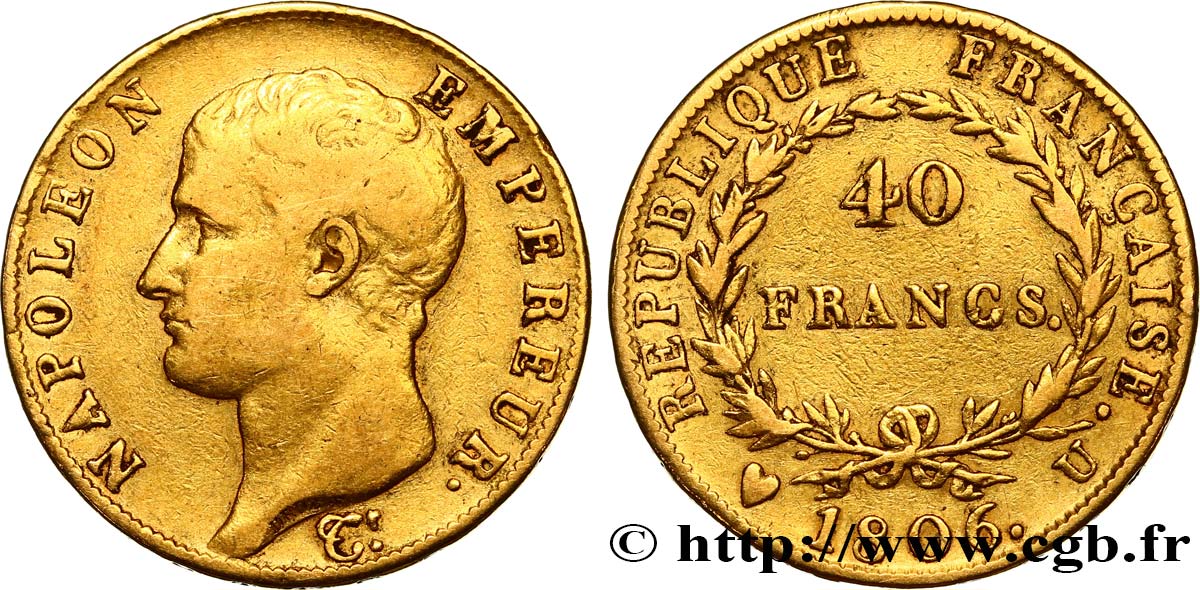 40 francs or Napoléon tête nue, Calendrier grégorien 1806 Turin F.538/4 S30 