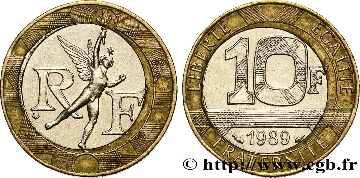 10 francs Génie de la Bastille, FAUTÉE, coeur en nickel décentré, Type II 1989 Pessac F.375/3 var. XF 