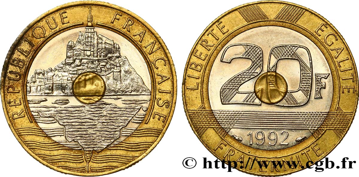 20 francs Mont Saint-Michel, 5 cannelures, \ / ouvert 1992 Pessac F.403/3 AU 