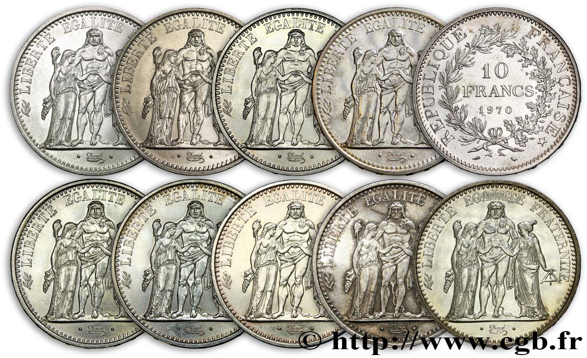2 pieces 10 francs hercule argent 1970 1965 
