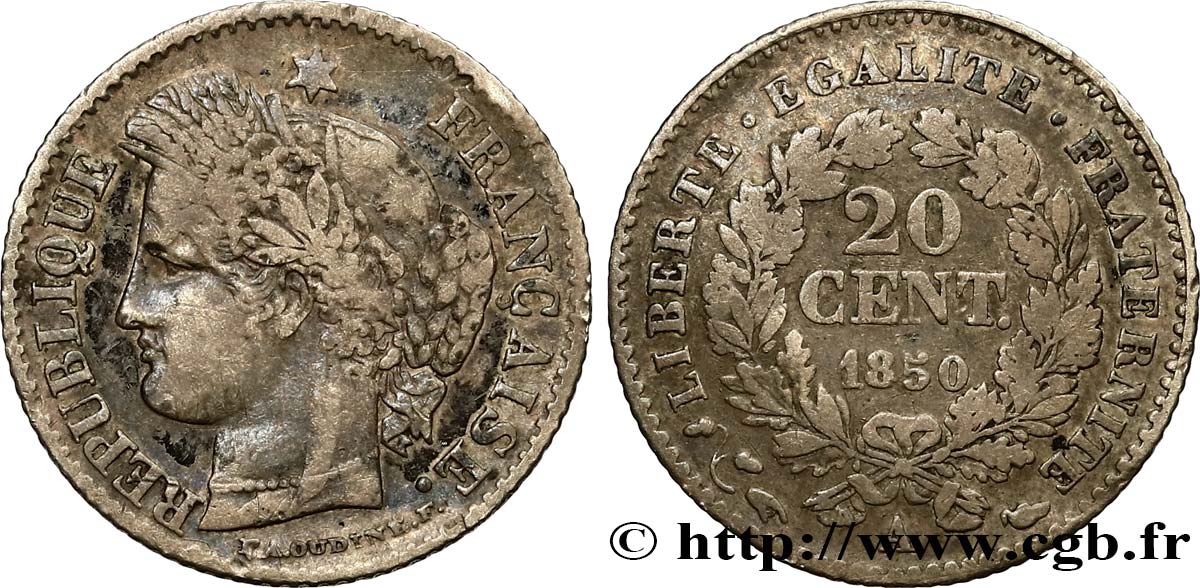 20 centimes Cérès, IIe République 1850 Paris F.146/3 VF20 