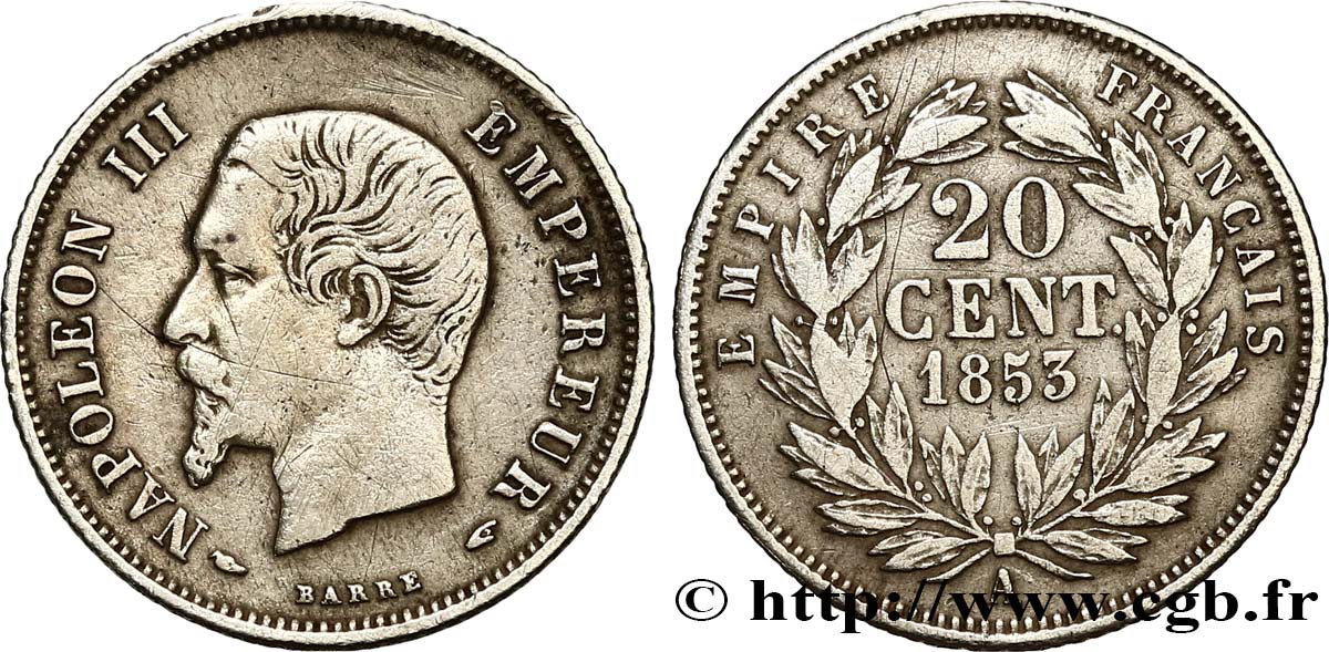 20 centimes Napoléon III, tête nue 1853 Paris F.148/1 VF 