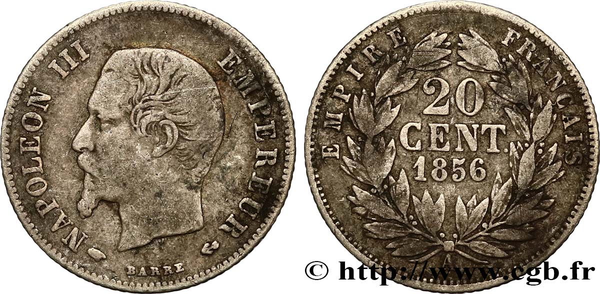 20 centimes Napoléon III, tête nue 1856 Paris F.148/4 VF20 