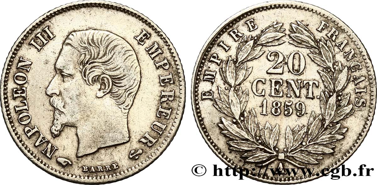 20 centimes Napoléon III, tête nue 1859 Paris F.148/12 XF 