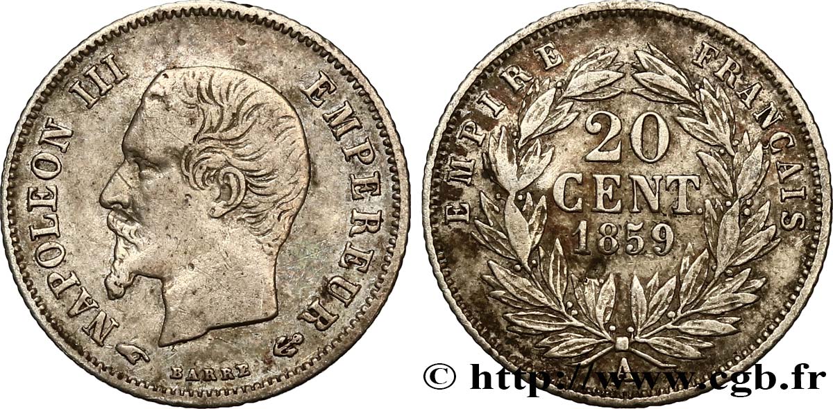 20 centimes Napoléon III, tête nue 1859 Paris F.148/12 VF 
