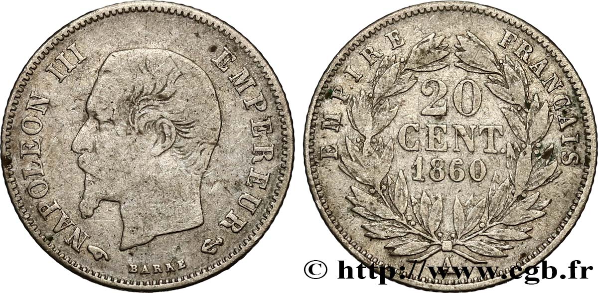 20 centimes Napoléon III, tête nue 1860 Paris F.148/13 BC20 