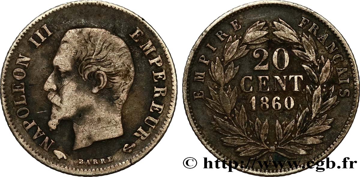 20 centimes Napoléon III, tête nue 1860 Paris F.148/14 VF20 