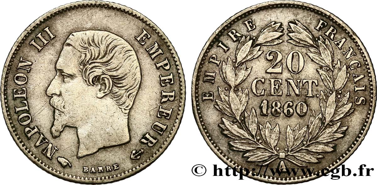 20 centimes Napoléon III, tête nue 1860 Paris F.148/14 TTB 