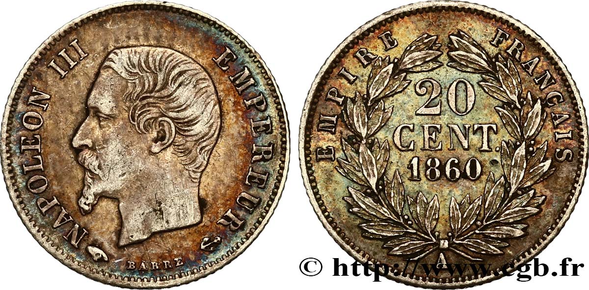 20 centimes Napoléon III, tête nue 1860 Paris F.148/14 TTB+ 