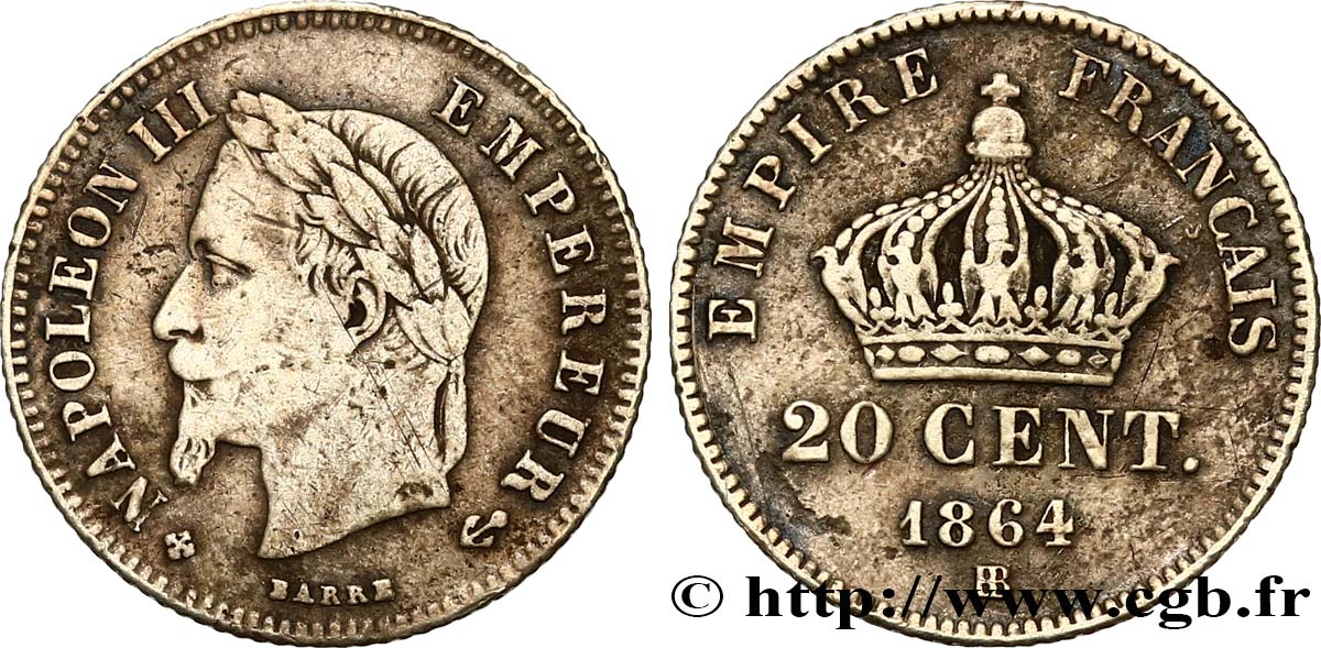 20 centimes Napoléon III, tête laurée, petit module 1864 Strasbourg F.149/2 TB25 