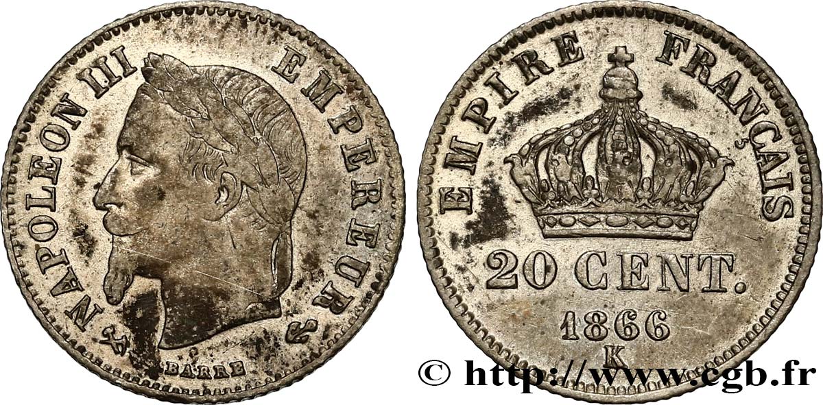 20 centimes Napoléon III, tête laurée, petit module 1866 Bordeaux F.149/6 SS40 