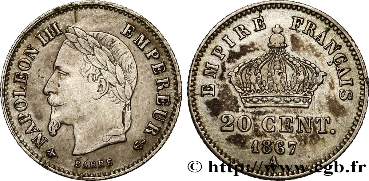 20 centimes Napoléon III, tête laurée, grand module 1867 Paris F.150/1 SS48 
