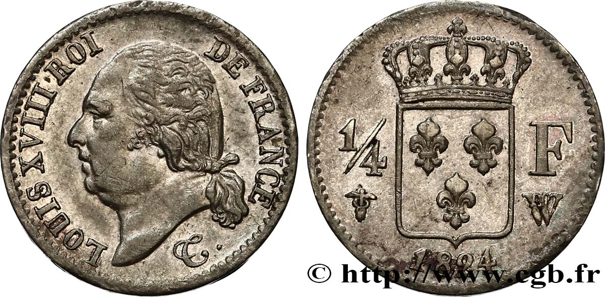 1/4 franc Louis XVIII 1824 Lille F.163/35 SS50 
