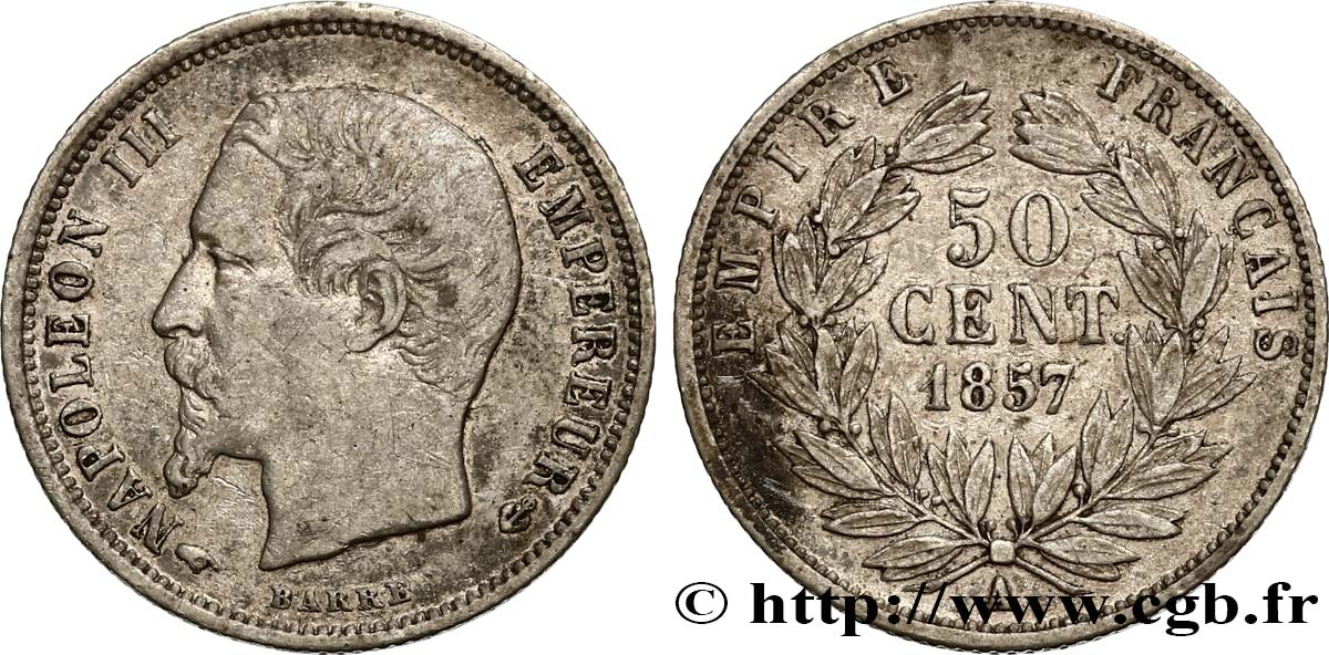 50 centimes Napoléon III, tête nue 1857 Paris F.187/8 XF45 