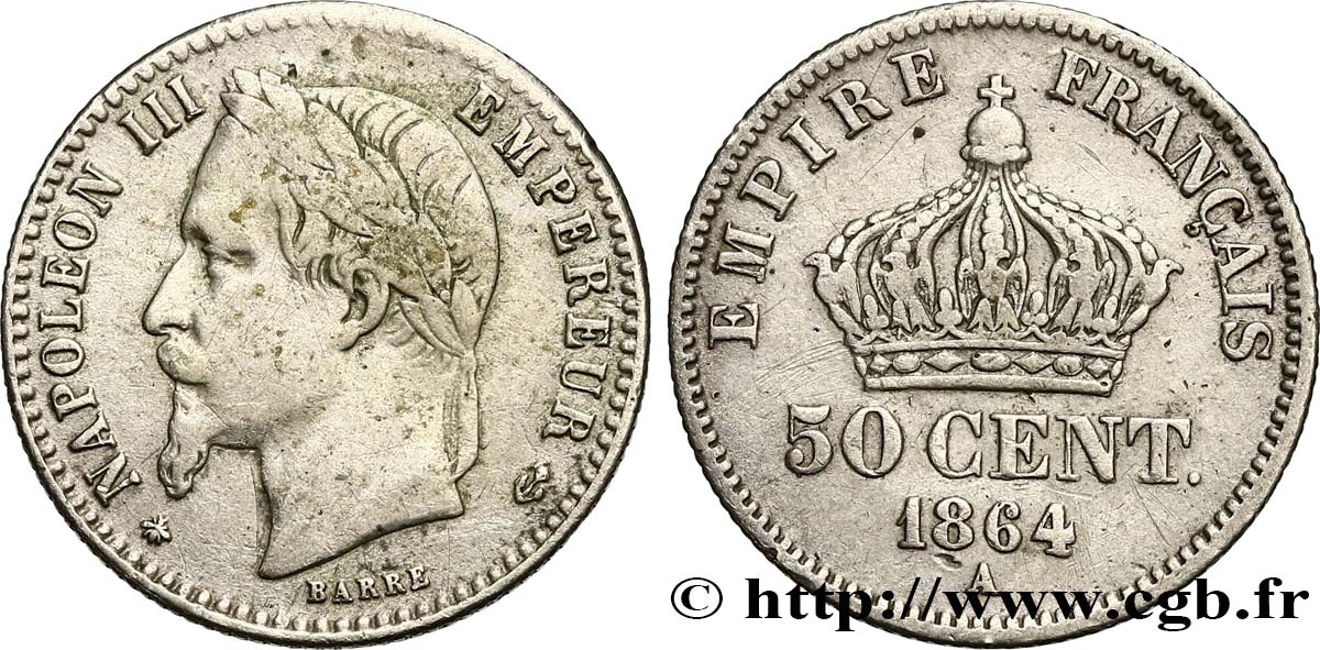 50 centimes Napoléon III, tête laurée 1864 Paris F.188/2 BC30 