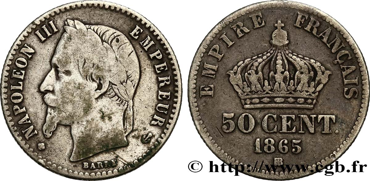 50 centimes Napoléon III, tête laurée 1865 Strasbourg F.188/7 MB20 