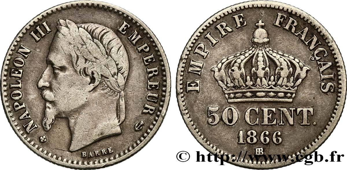 50 centimes Napoléon III, tête laurée 1866 Strasbourg F.188/10 TB35 