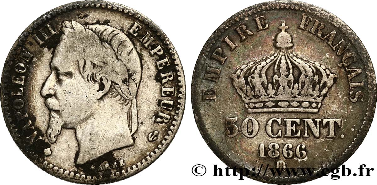 50 centimes Napoléon III, tête laurée 1866 Strasbourg F.188/10 TB20 