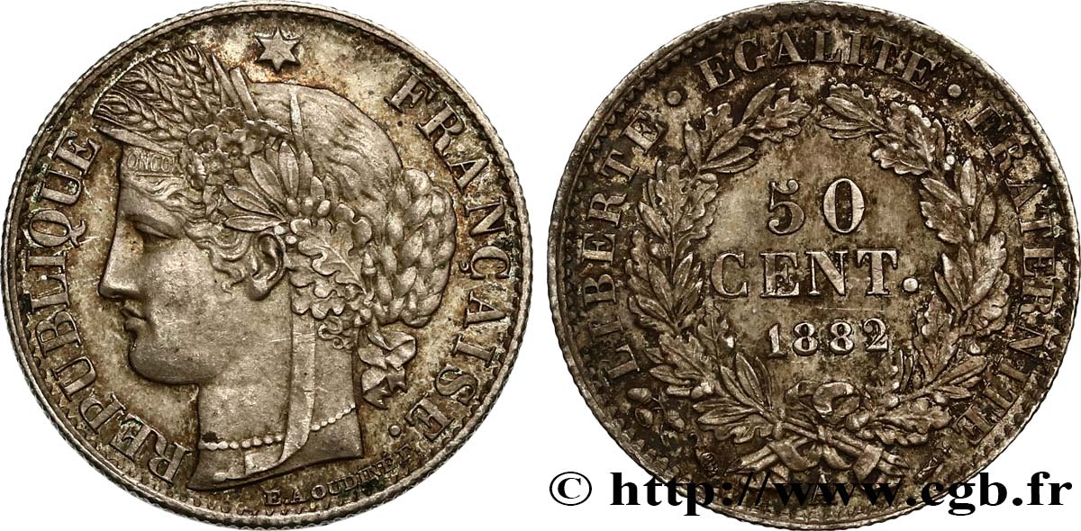 50 centimes Cérès, Troisième République 1882 Paris F.189/10 EBC55 