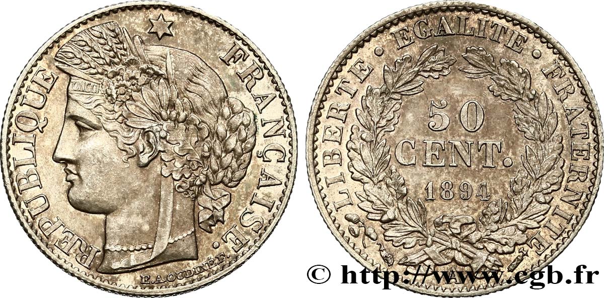 50 centimes Cérès, Troisième République 1894 Paris F.189/15 SUP60 