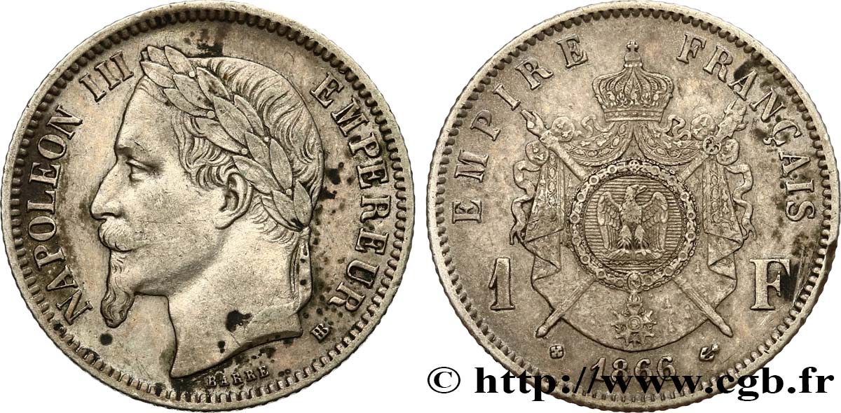 1 franc Napoléon III, tête laurée 1866 Strasbourg F.215/4 XF45 