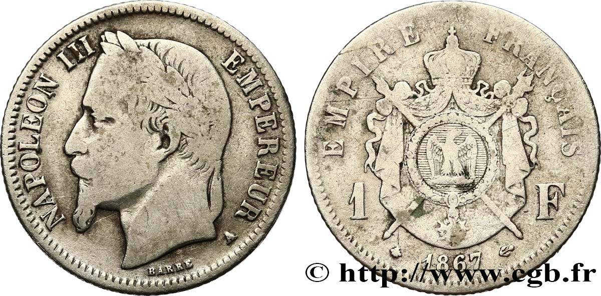 1 franc Napoléon III, tête laurée 1867 Paris F.215/6 B12 