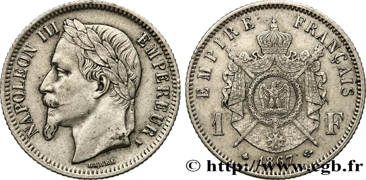 1 franc Napoléon III, tête laurée 1867 Paris F.215/6 XF48 