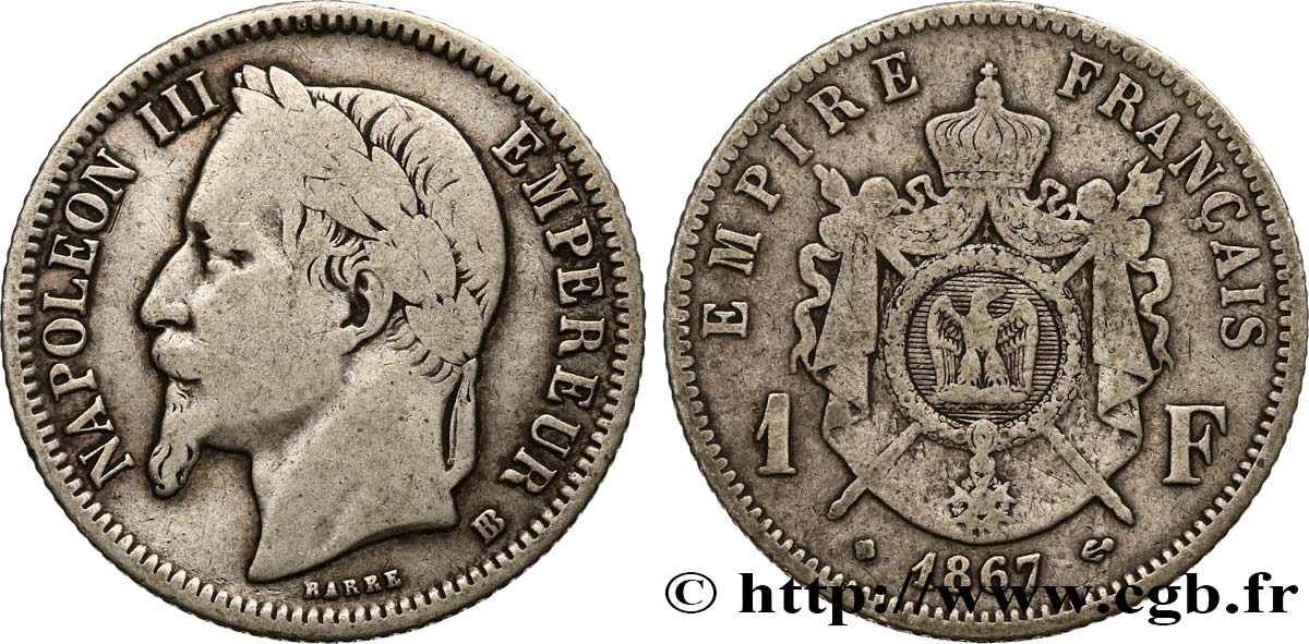 1 franc Napoléon III, tête laurée, grand BB 1867 Strasbourg F.215/8 VF20 