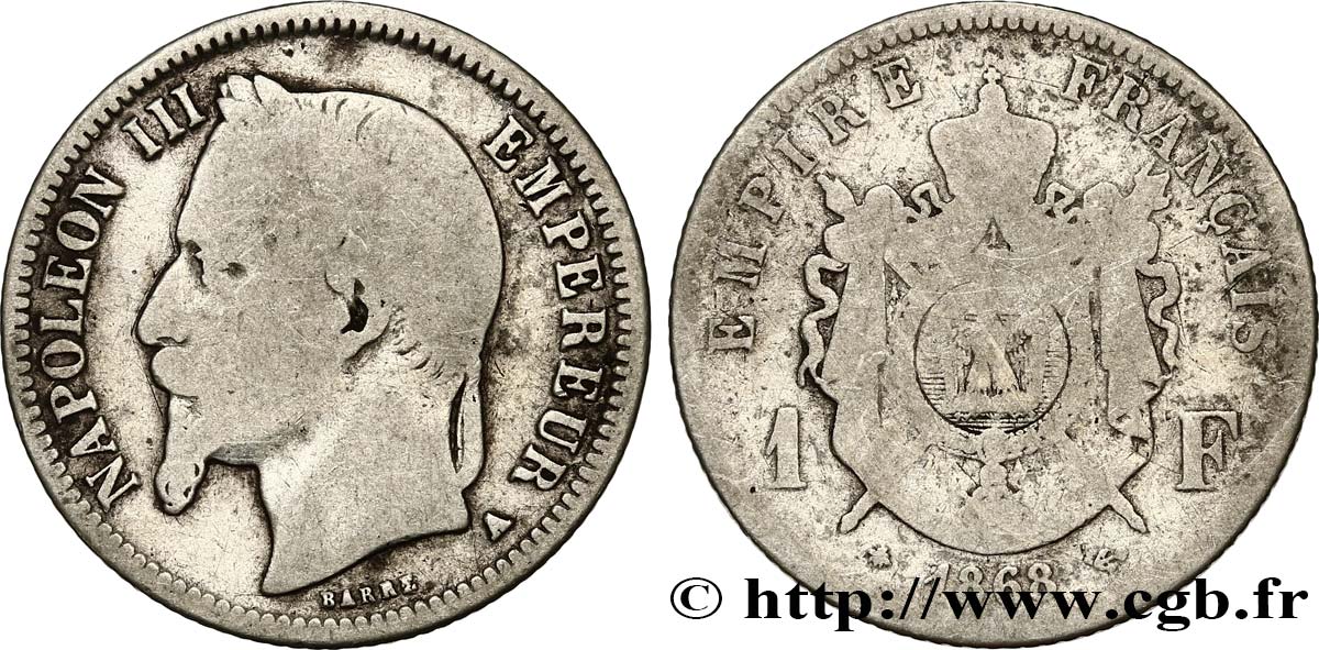 1 franc Napoléon III, tête laurée 1868 Paris F.215/10 SGE8 