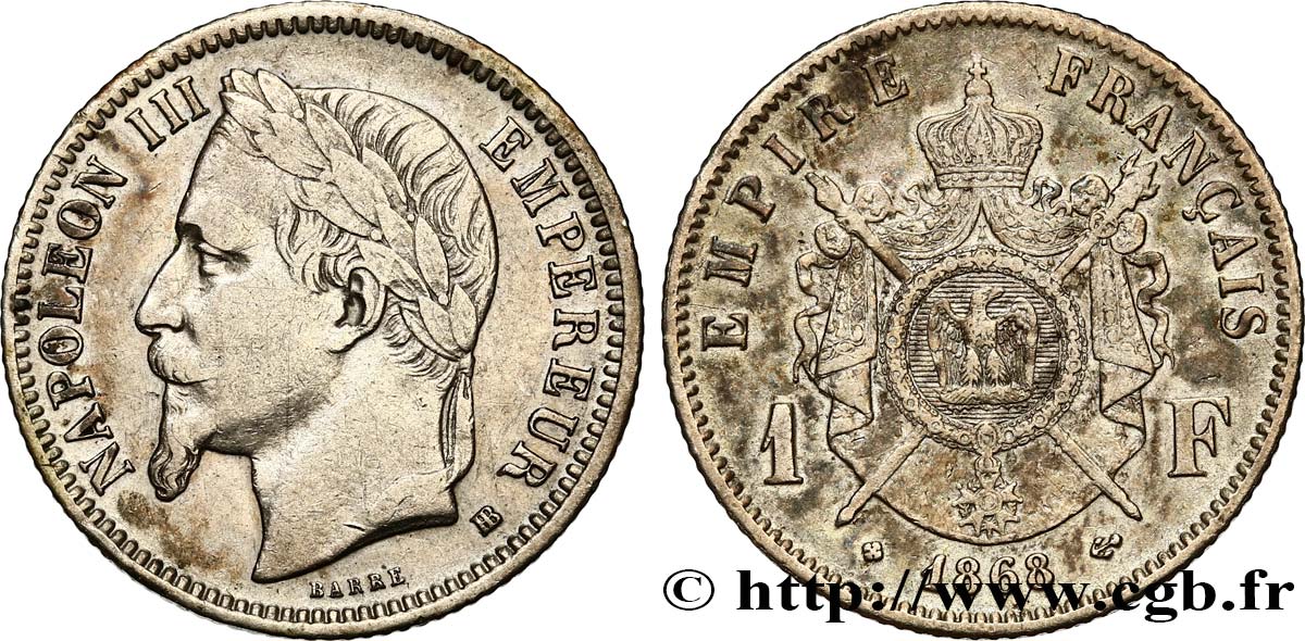 1 franc Napoléon III, tête laurée 1868 Strasbourg F.215/11 SS40 