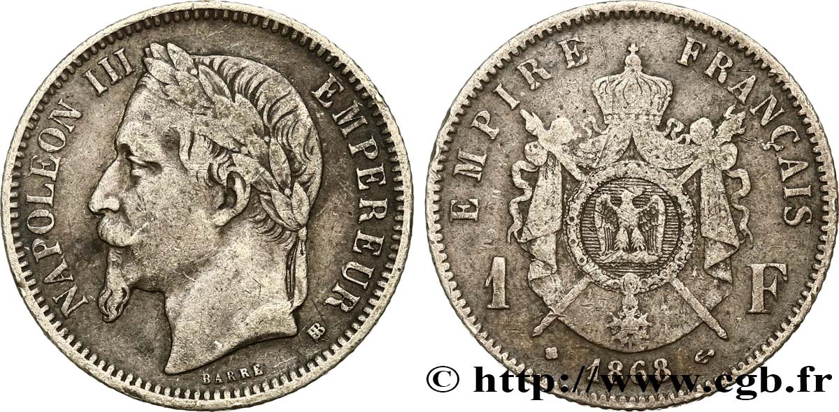 1 franc Napoléon III, tête laurée 1868 Strasbourg F.215/11 TB35 