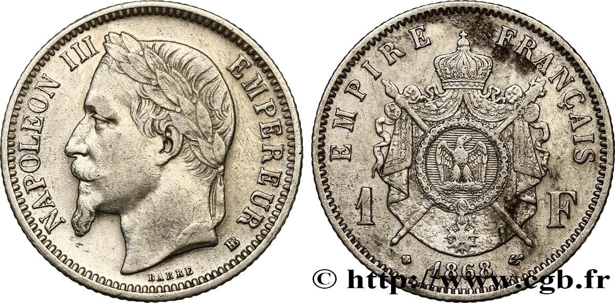 1 franc Napoléon III, tête laurée 1868 Strasbourg F.215/11 SS 