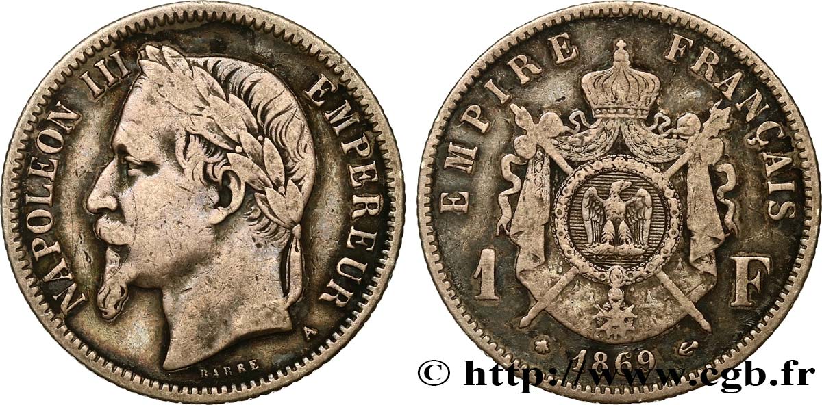 1 franc Napoléon III, tête laurée 1869 Paris F.215/14 TB25 