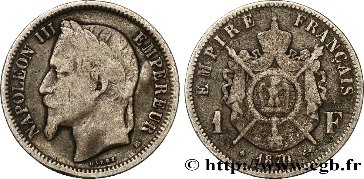 1 franc Napoléon III, tête laurée 1870 Strasbourg F.215/16 TB15 