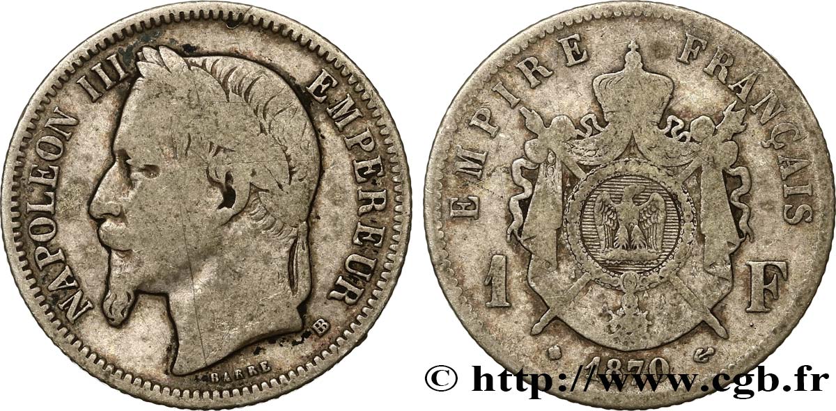1 franc Napoléon III, tête laurée 1870 Strasbourg F.215/16 TB15 