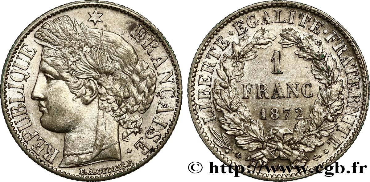 1 franc Cérès, Troisième République 1872 Paris F.216/5 TTB54 