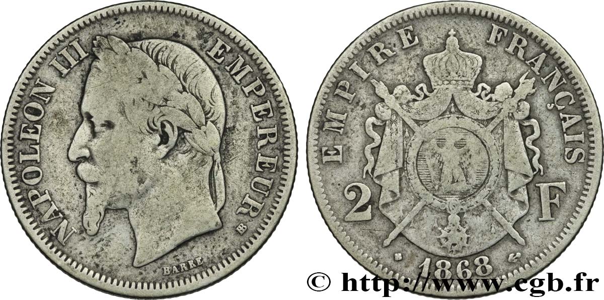 2 francs Napoléon III, tête laurée  1868 Strasbourg F.263/9 VF20 