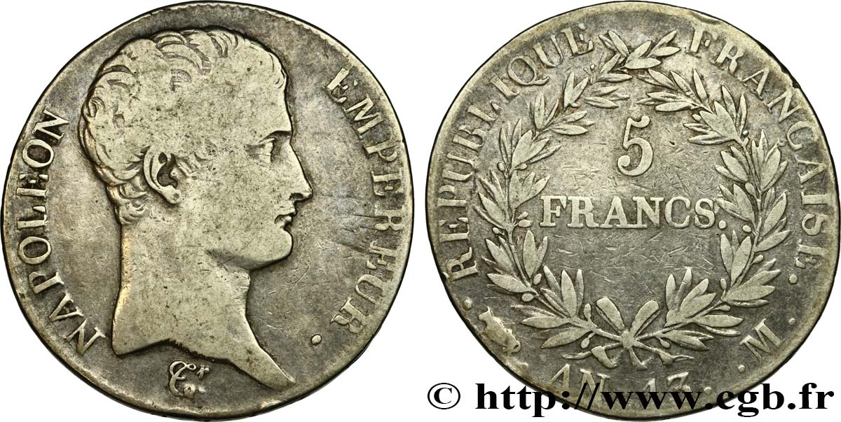 5 francs Napoléon Empereur, Calendrier révolutionnaire 1805 Toulouse F.303/13 TB20 