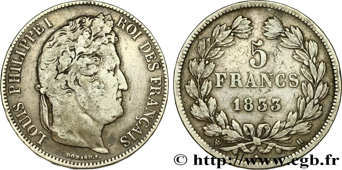 5 francs IIe type Domard 1833 La Rochelle F.324/18 VF20 