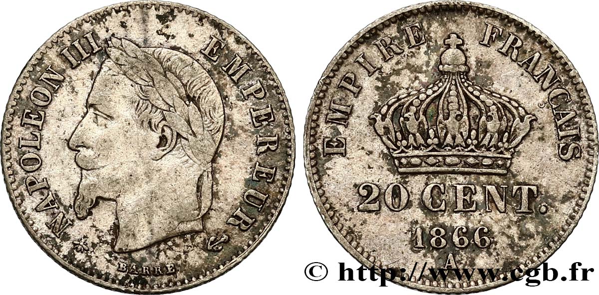20 centimes Napoléon III, tête laurée, petit module 1866 Paris F.149/4 BC35 