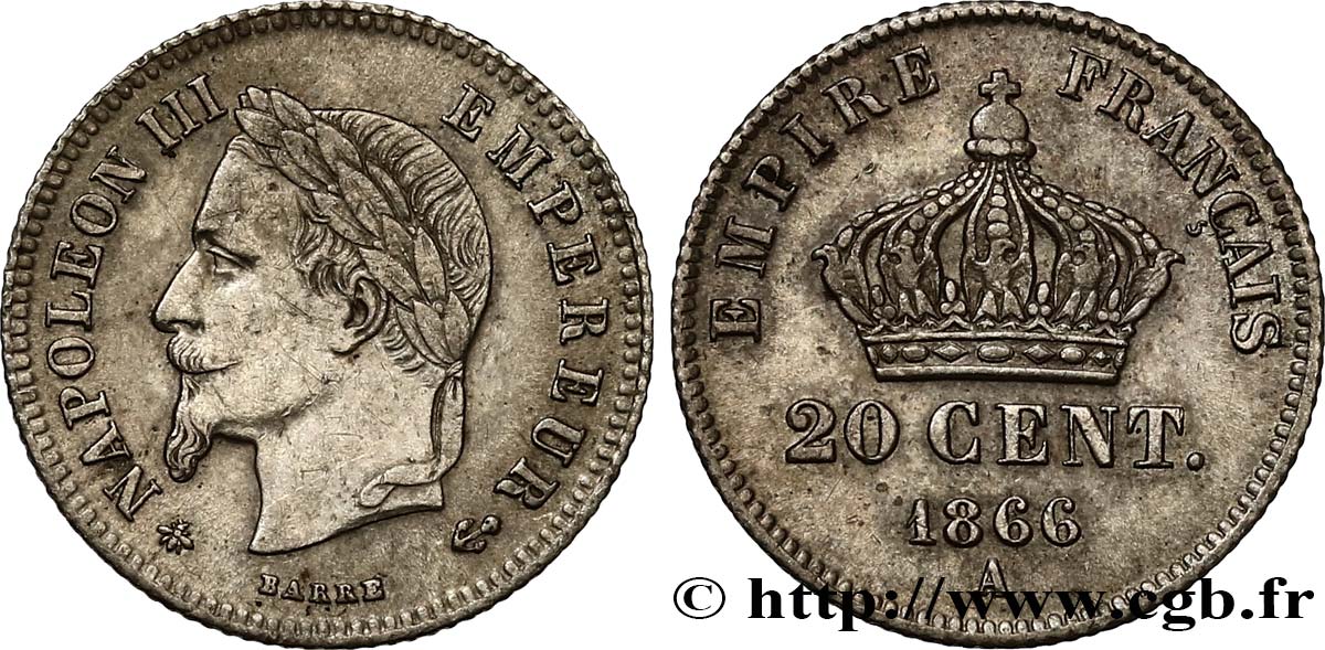 20 centimes Napoléon III, tête laurée, petit module 1866 Paris F.149/4 MBC50 