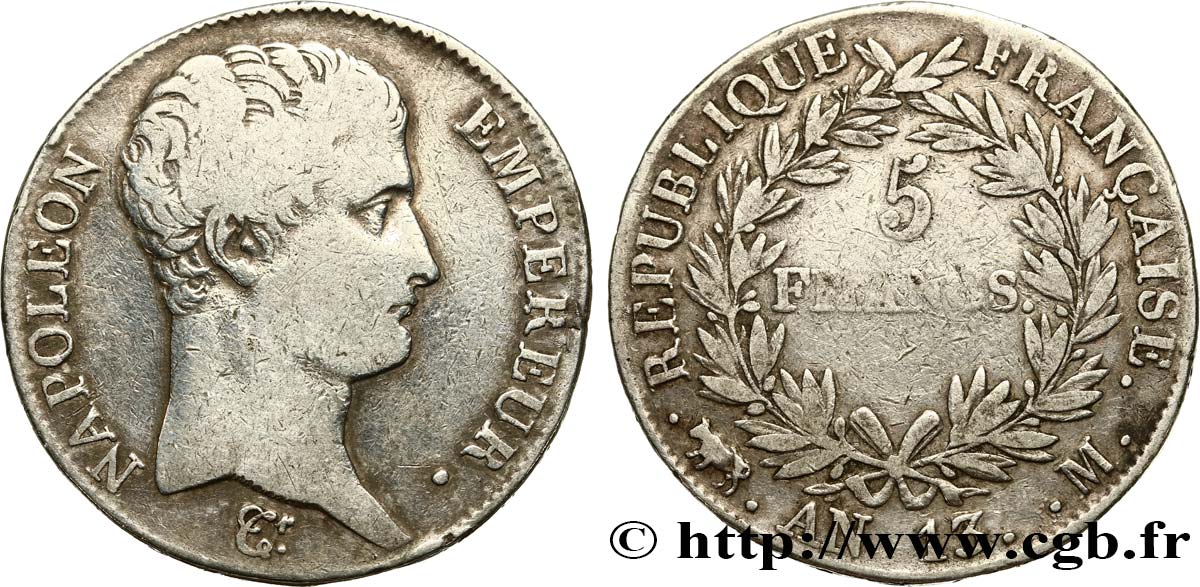 5 francs Napoléon Empereur, Calendrier révolutionnaire 1805 Toulouse F.303/13 TB 