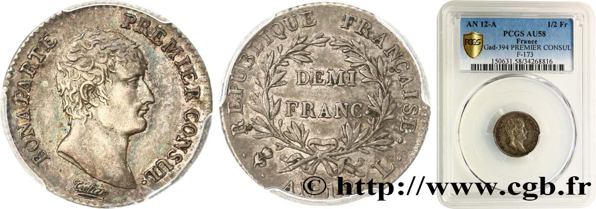 Demi-franc Bonaparte Premier Consul 1804 Bayonne F.173/9 EBC58 PCGS