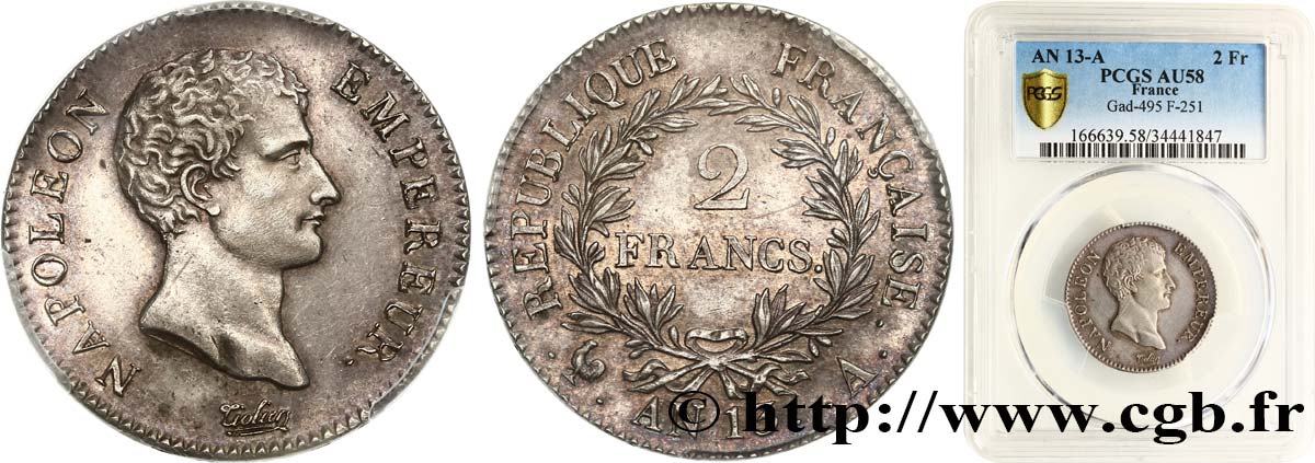 2 francs Napoléon Empereur, Calendrier révolutionnaire 1805 Paris F.251/12 VZ58 PCGS