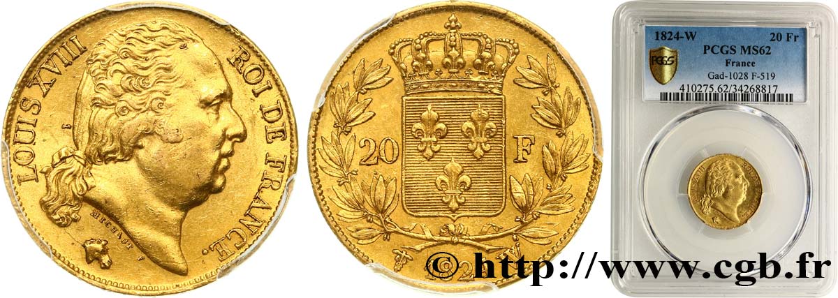 20 francs or Louis XVIII, tête nue 1824 Lille F.519/34 MS62 PCGS